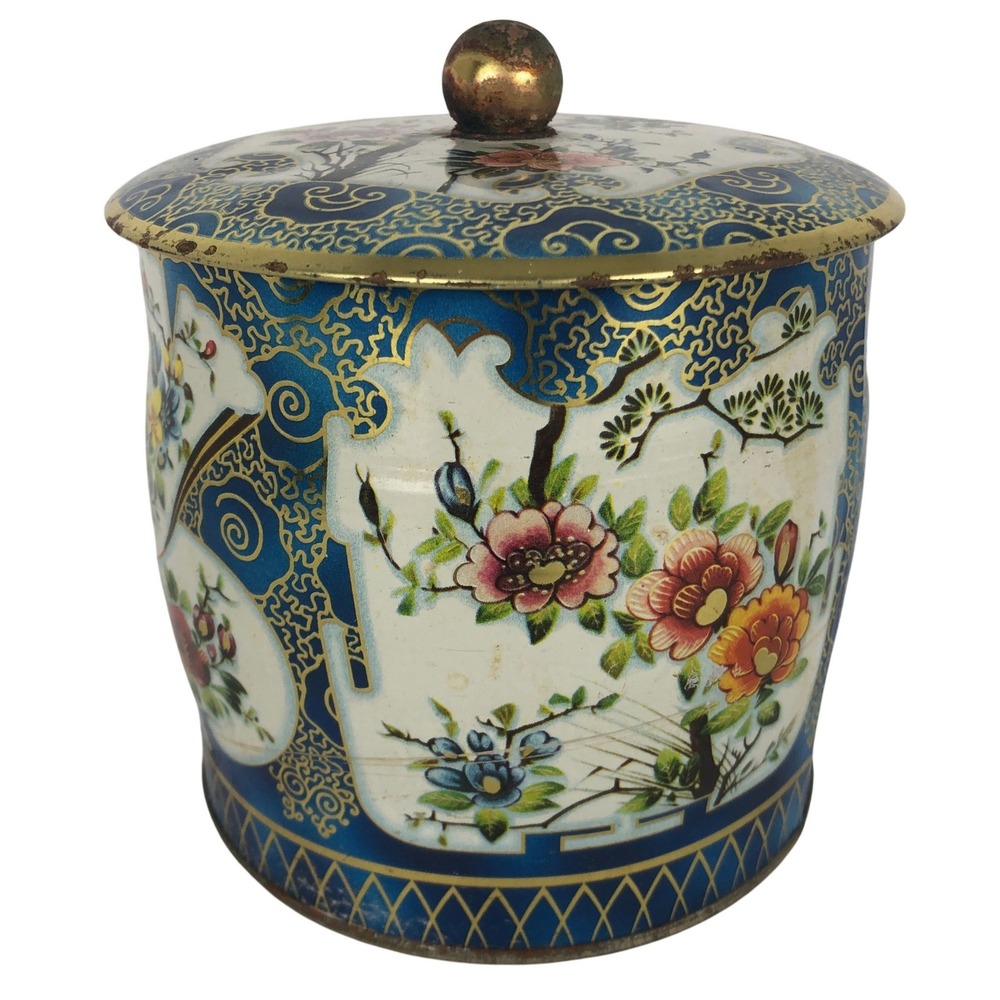 VTG Daher England Floral Tin Canister Blue Gold Chinoiserie 11101 5.5 inch - Picture 2 of 11